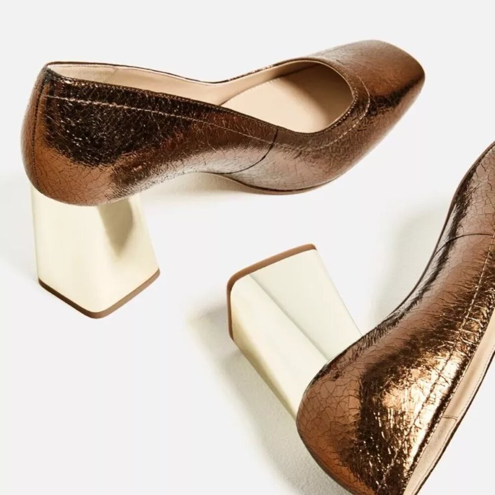 Zara Bronze Metallic Block Heel Pumps Square Toe